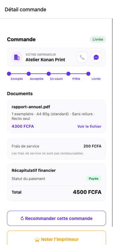 Détail d'une commande Imprimly avec sa timeline de suivi complète