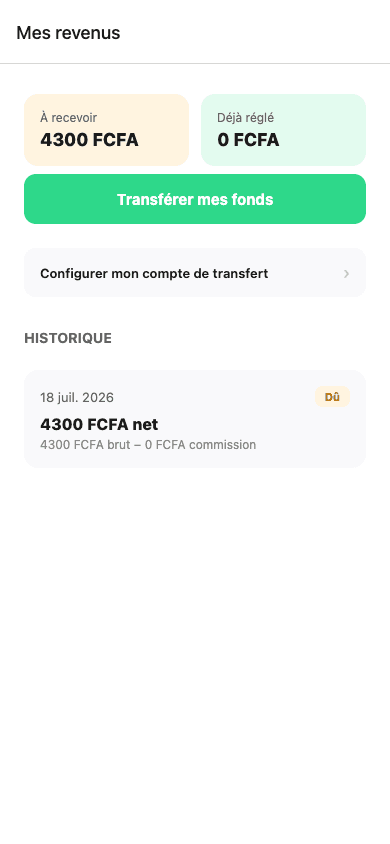 Écran des revenus Imprimly Pro, avec 0 FCFA de commission prélevée